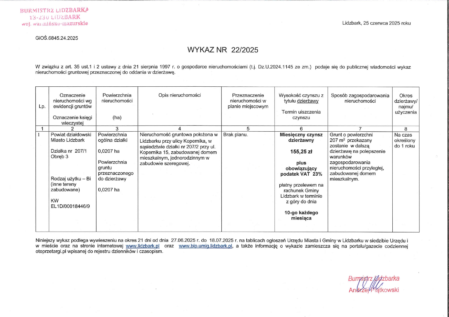Wykaz Nr 22/2025 - Nieruchomość gruntowa do dzierżawy - obr. 3 m. Lidzbark dz. nr 207/1